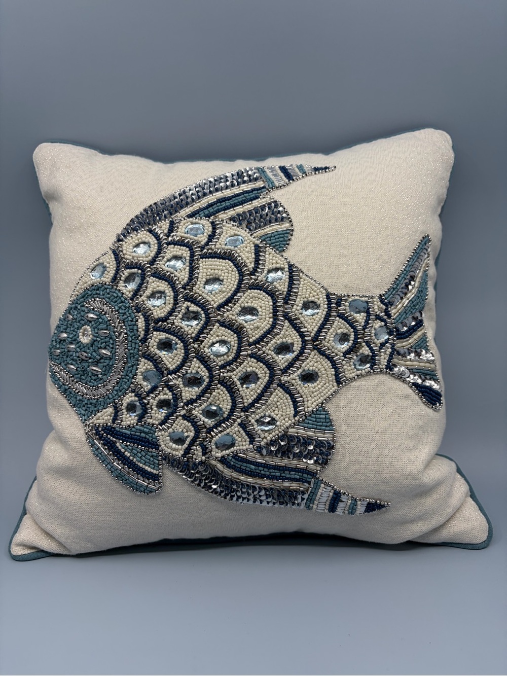 Pier 1 Beaded Fish Accent Pillow in Blue & Cream